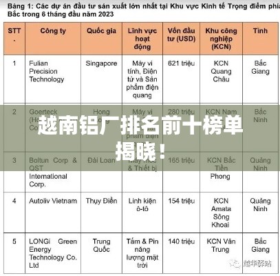 越南铝厂排名前十榜单揭晓！